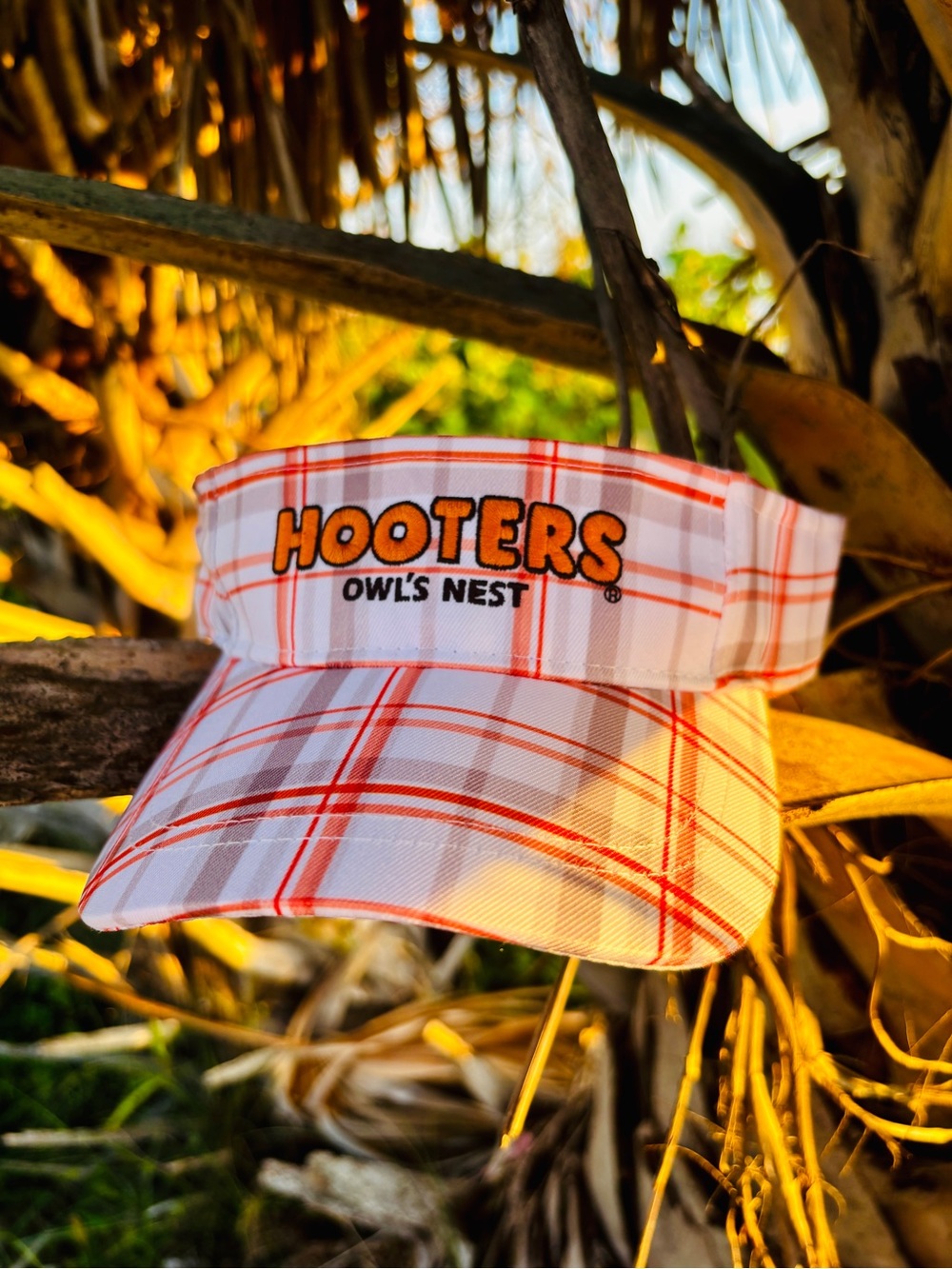 HOOTERS Owls Nest White & Orange Plaid Visor